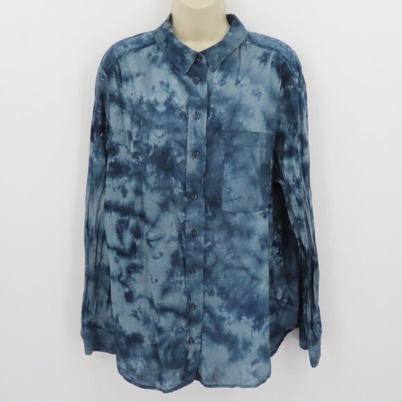 Pilcro Women Extra Large XL Blue Tie Dye Long Sleeve Button Collared Shirt Top - Picture 11 of 11